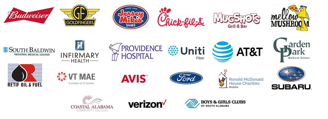 Commercial painting clients of Pro 1 Painters, including Budweiser, Goldfingers, Jersey Mike's, Chick-fil-A, Mugshots Grill & Bar, Mellow Mushroom, South Baldwin Regional Medical Center, Infirmary Health, Providence Hospital, Uniti Fiber, and more